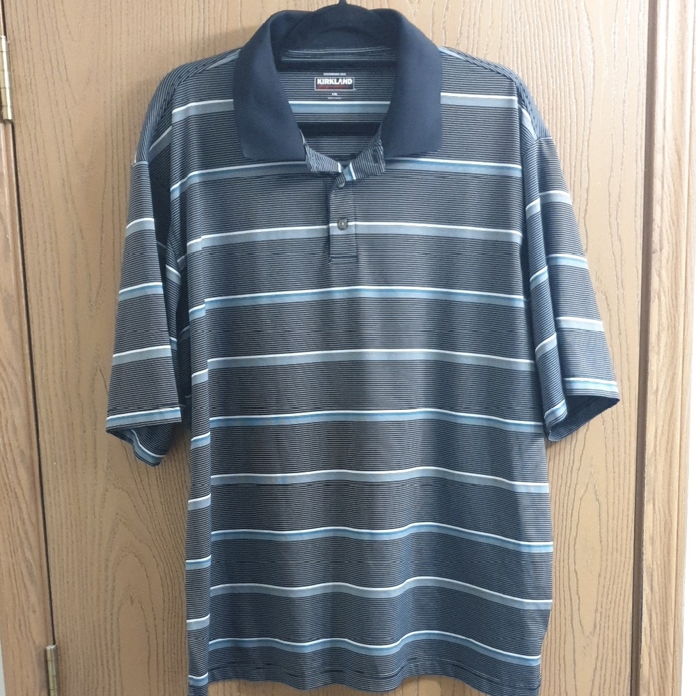 Kirkland Signature Navy and Light Blue Striped Polo